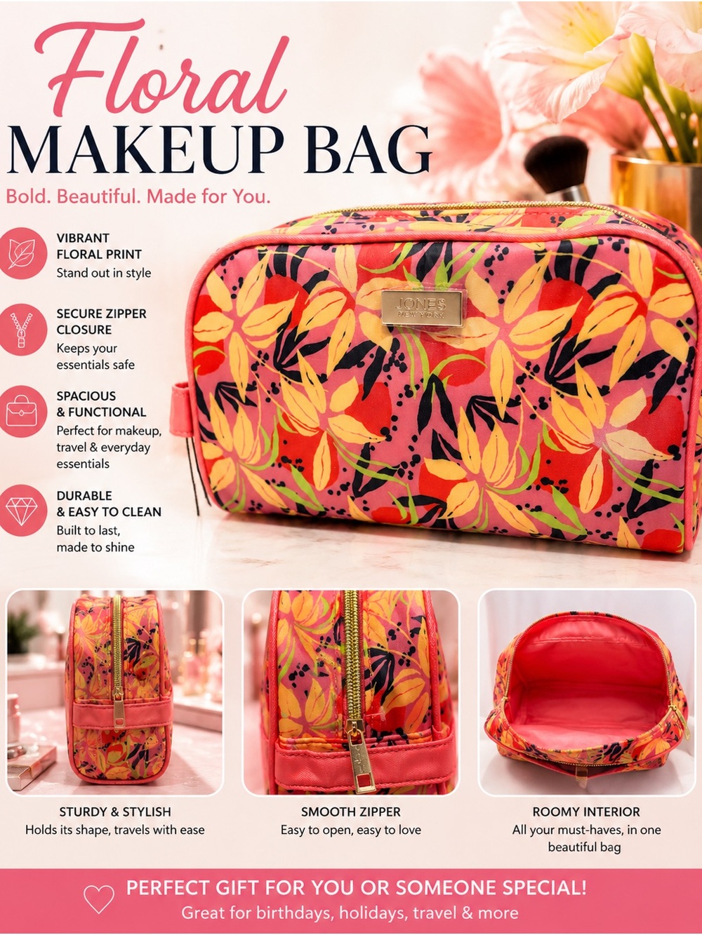 Jones New York Vibrant Pink Floral Cosmetic Bag - Picture 1 of 1